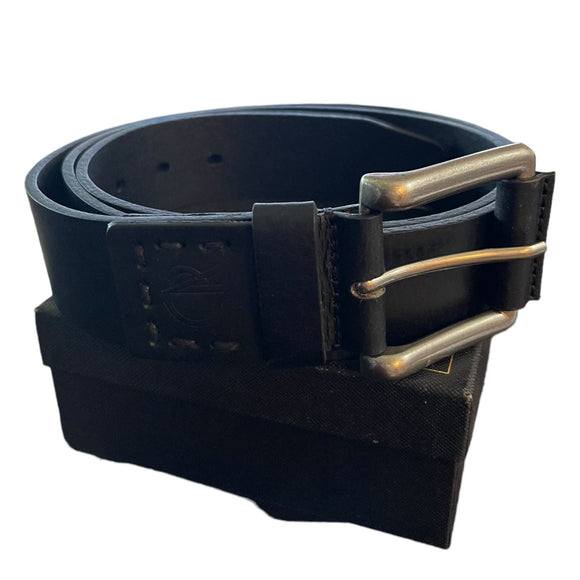 Black leather belt on a box front