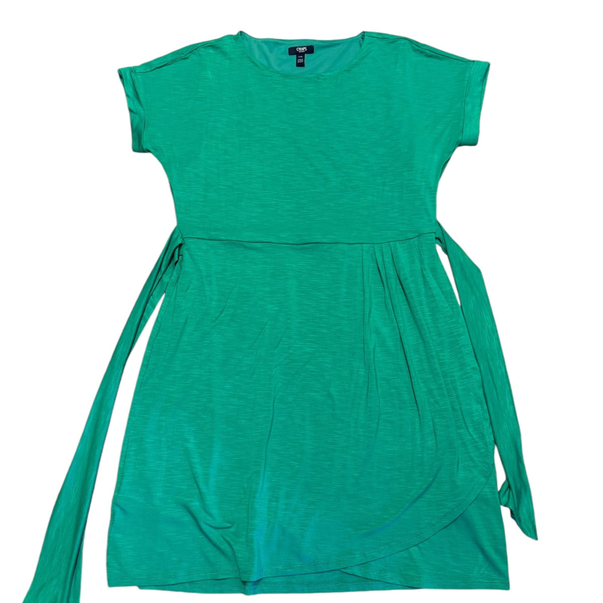 A green short-sleeve dress with a side tie detail, laid flat against a white background.