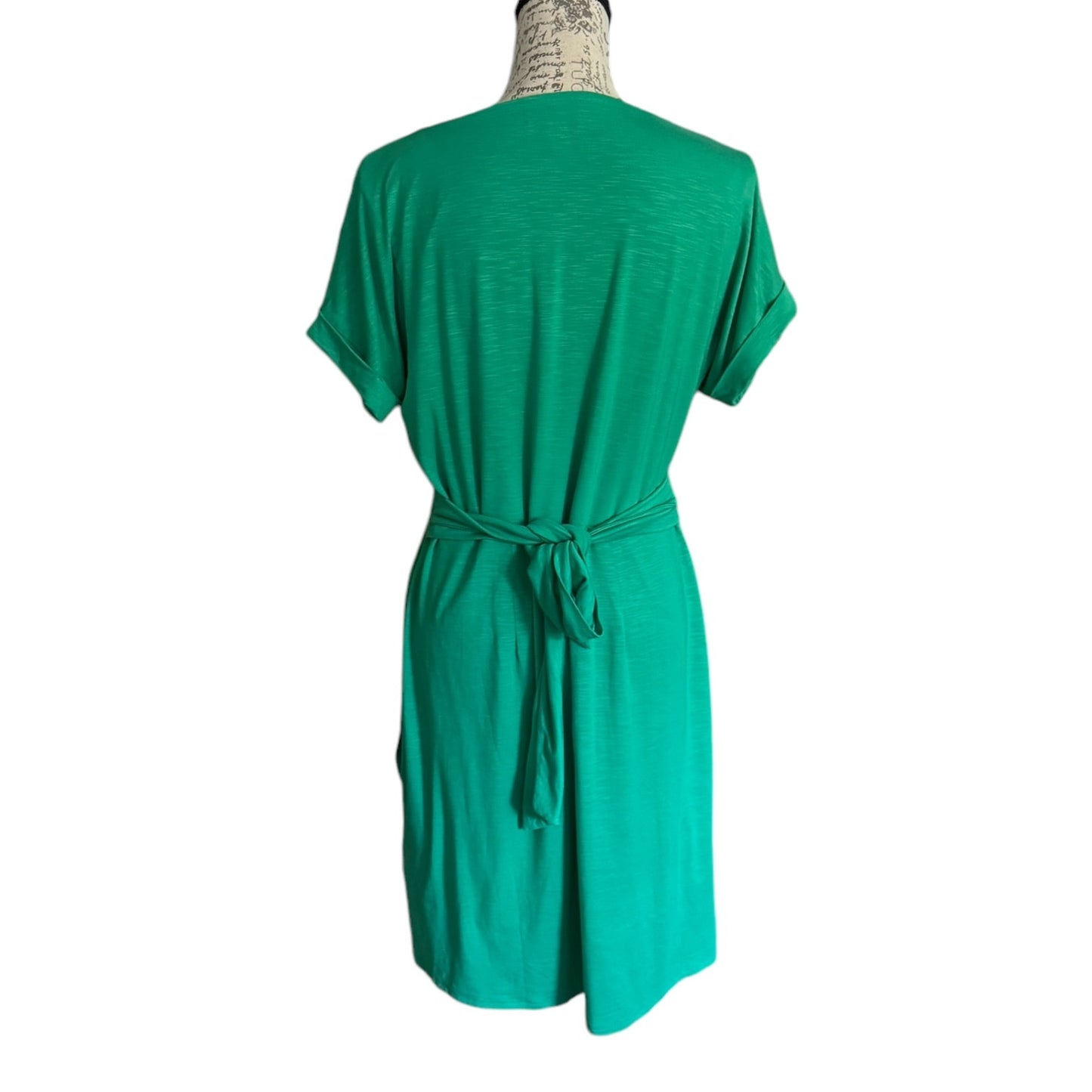 A green short-sleeve faux wrap dress  with a tie belt at the waist, shown from the back on a mannequin against a plain white background.