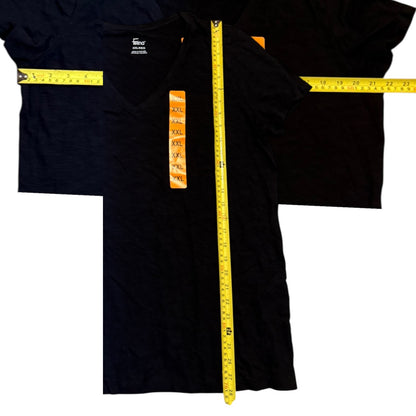 Black t-shirt with a measuring tape displayed on a white background