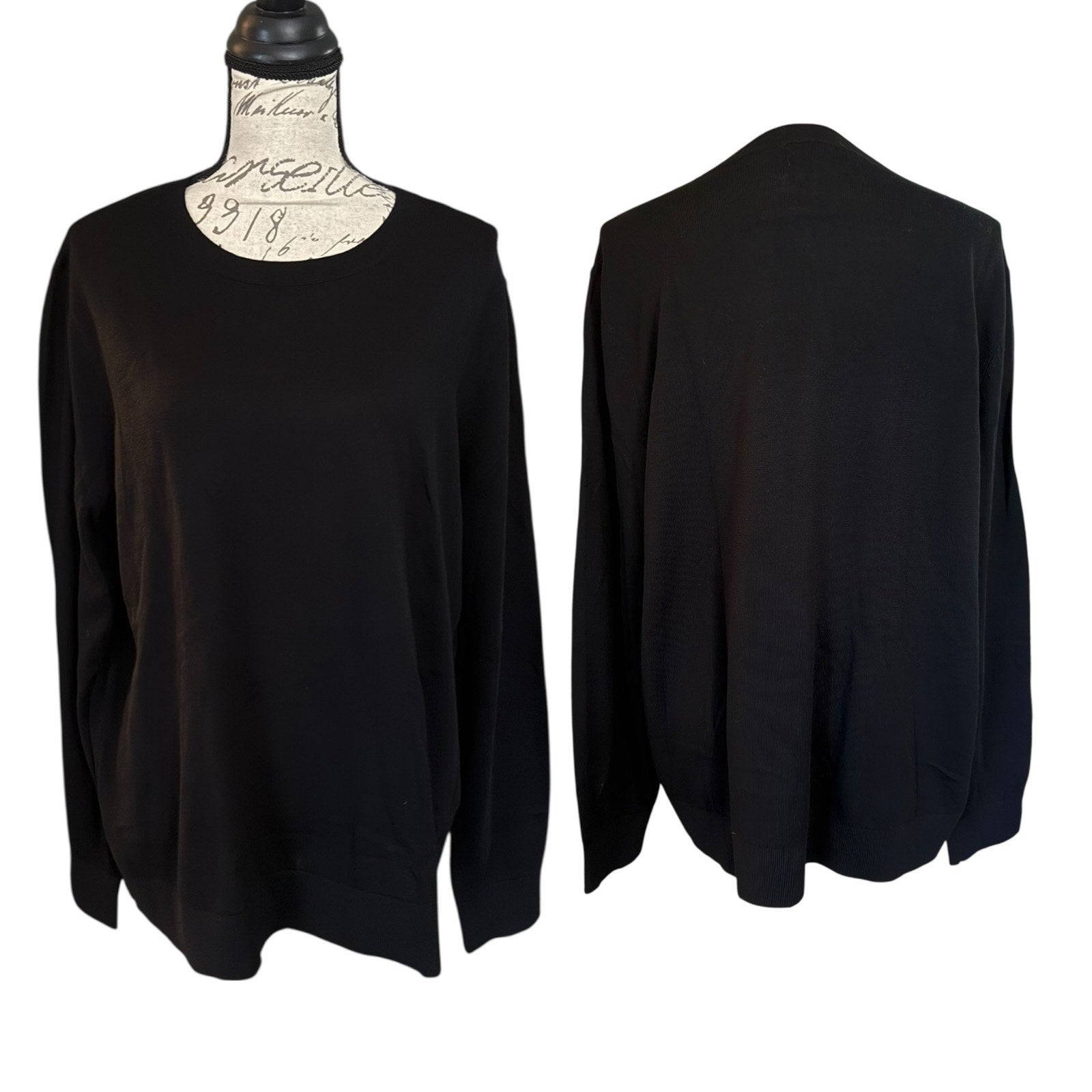 Black stop displayed on a mannequin with front and back views against a white background