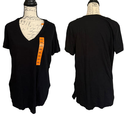 Black t-shirt on a mannequin with size tag, front and back views.