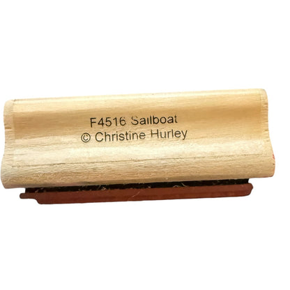 Wooden stamp with 'F4516 Sailboat' and '© Christine Hurley' text on a white background