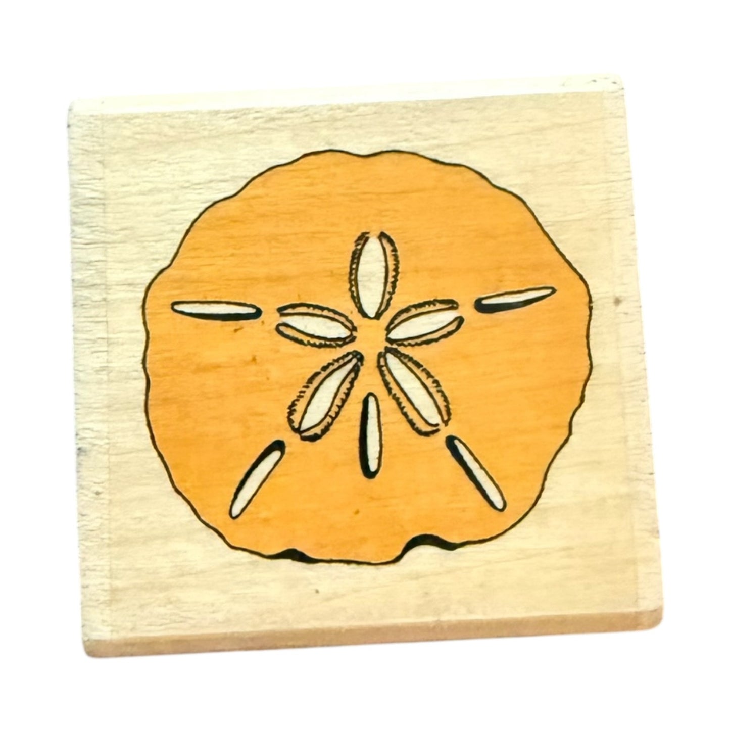 Wooden stamp with a sand dollar design on a white background