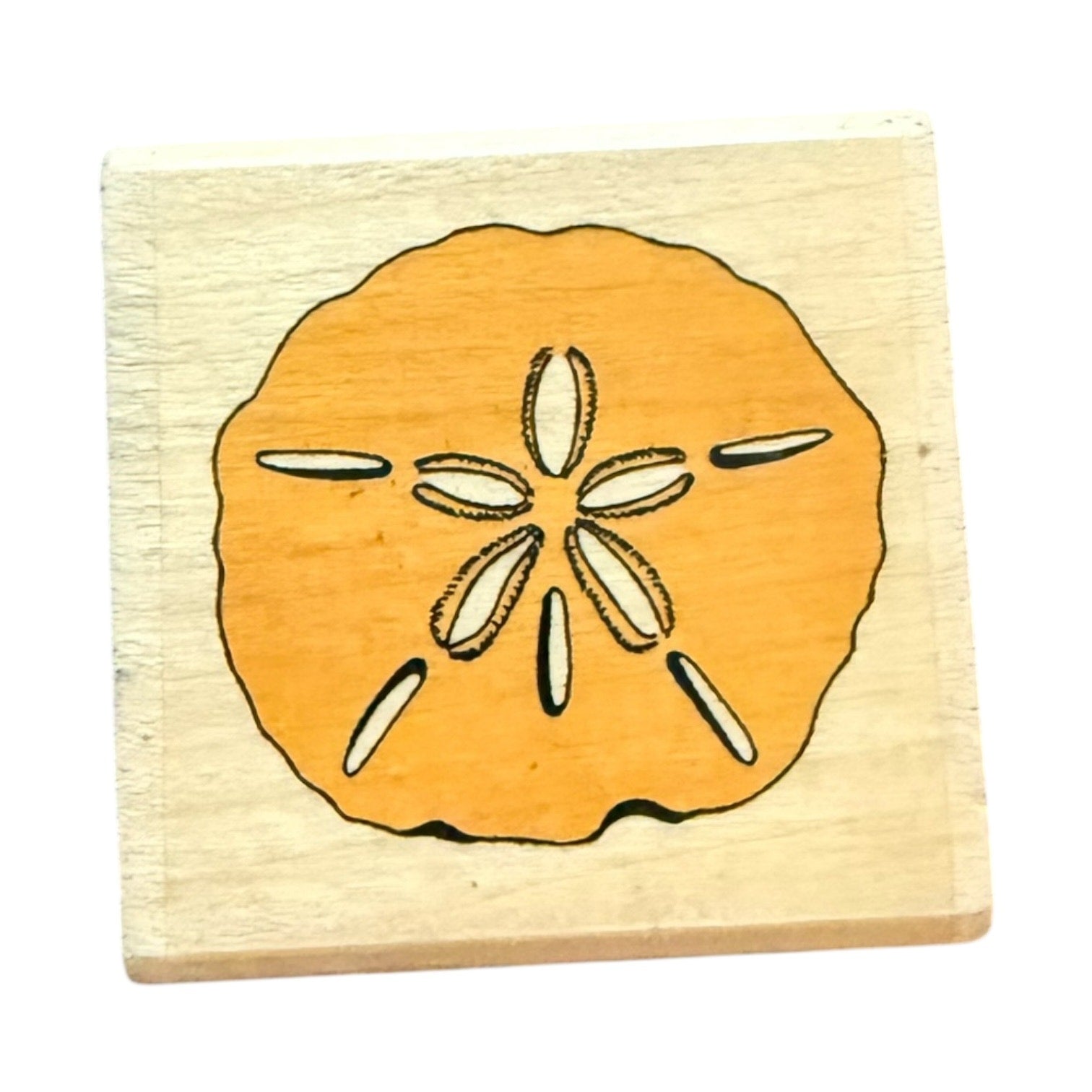 Wooden stamp with a sand dollar design on a white background