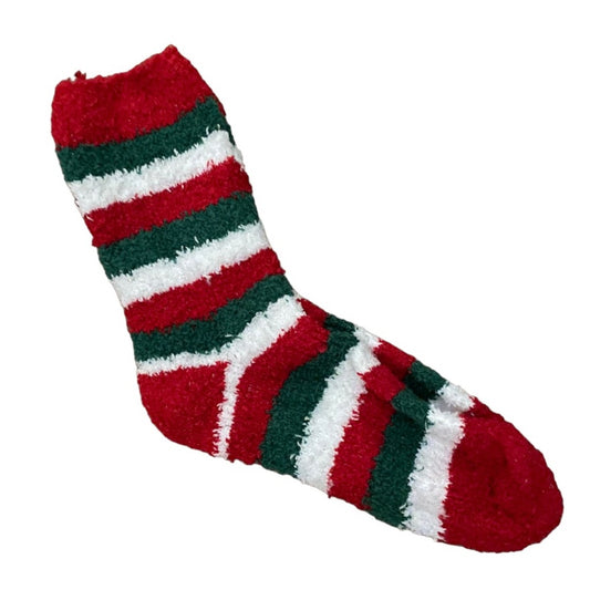 Red, green, and white striped sock on a white background