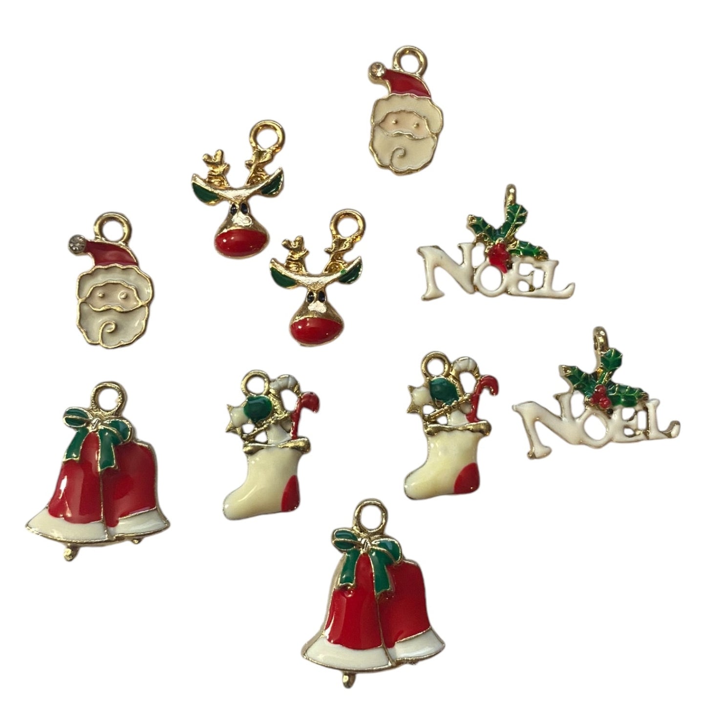 Collection of Christmas-themed charms on a white background