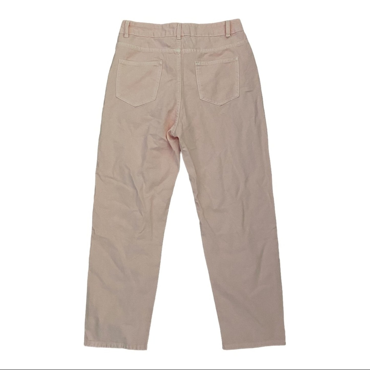 A pair of pink pants shown from the back, featuring two back pockets and a relaxed straight-leg fit, laid flat against a white background.