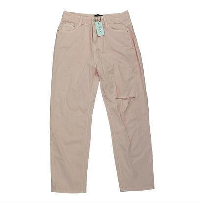 A pair of light pink chino pants with a  hangtag, displayed flat against a white background.