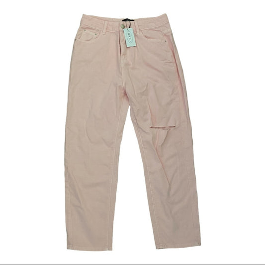 A pair of light pink chino pants with a  hangtag, displayed flat against a white background.