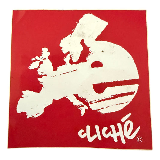 Red sticker with white graphic and 'cLiche' branding