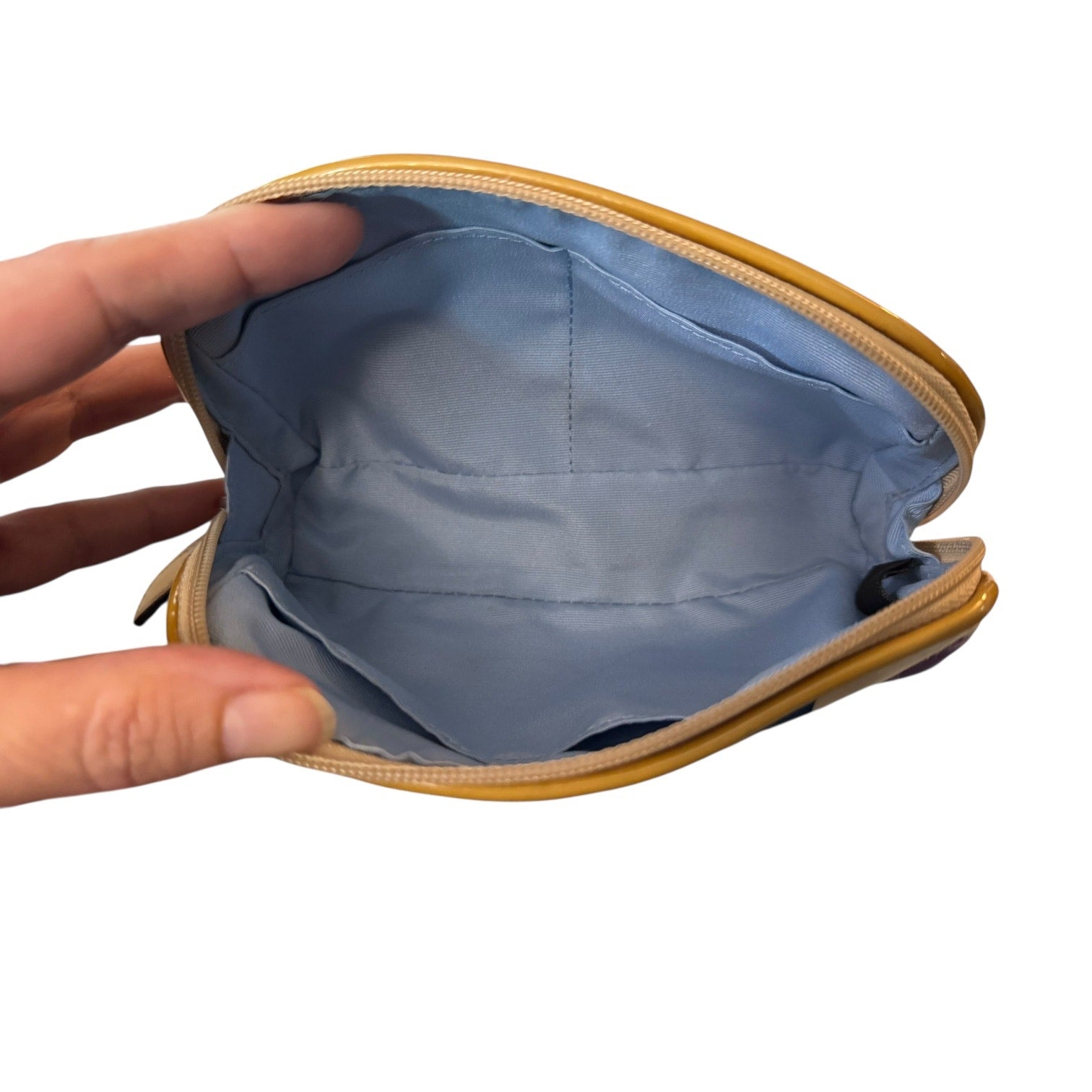 Hand holding a pouch with a blue interior on a white background