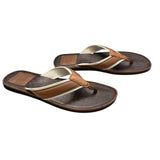 Front side of a Pair of brown and beige flip-flops on a white background