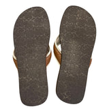 Pair of flip-flops with patterned soles on a white background