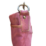 Purple purse side with metal ring on a white background