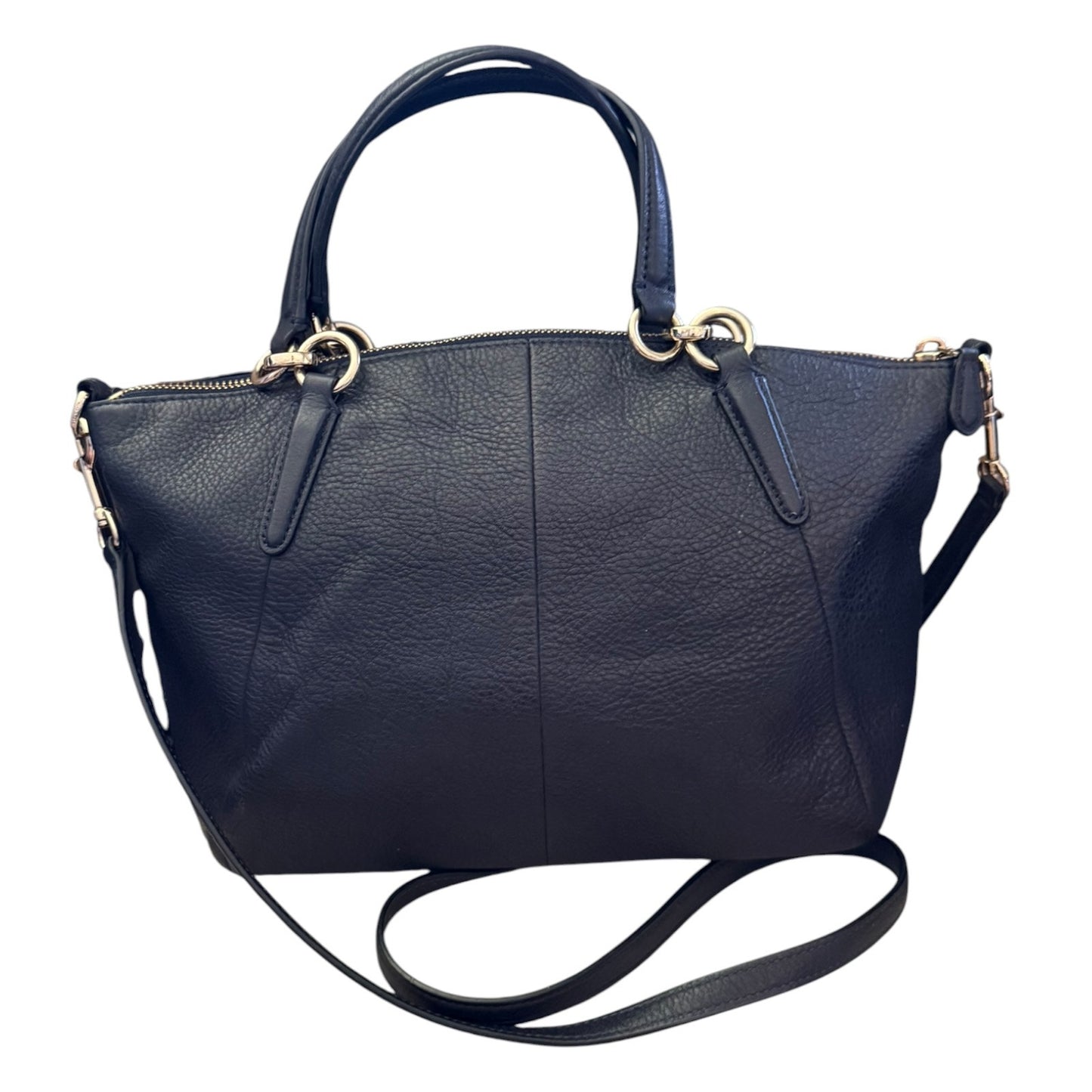 A black pebbled leather handbag with gold-tone hardware, featuring dual top handles and a detachable shoulder strap, shown against a plain white background.