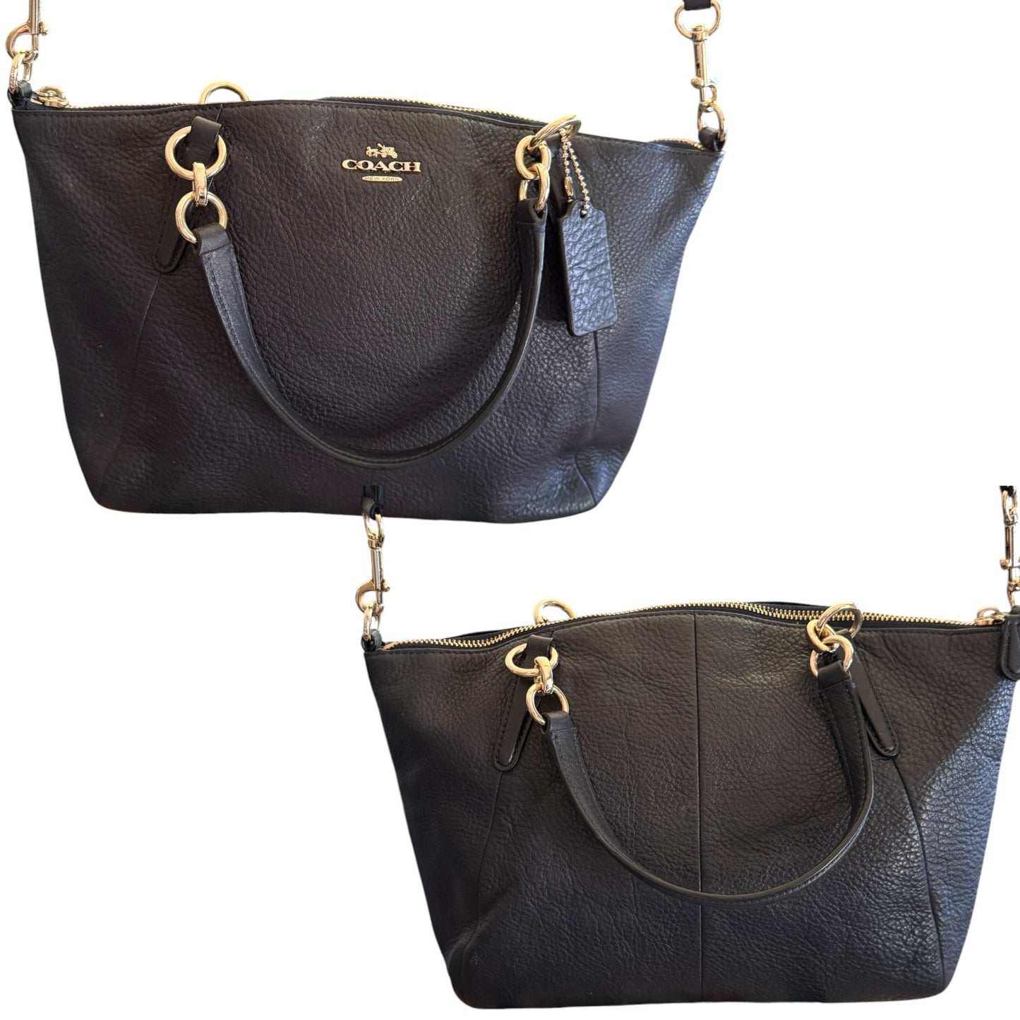 Front and back of black pebbled leather Coach handbags with gold-tone hardware, shown against a plain white background. 