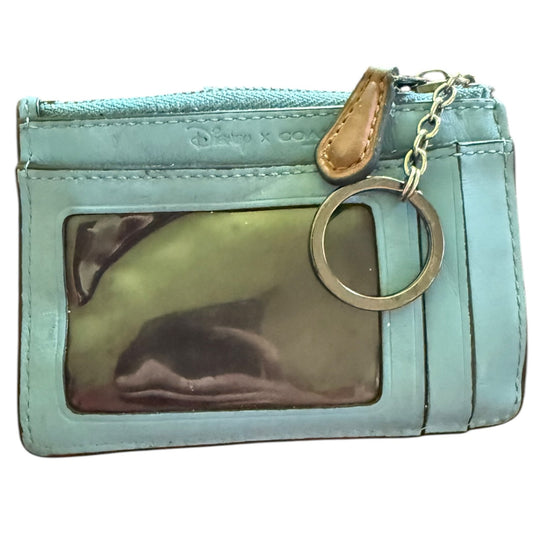 Light blue wallet with a clear window and keychain on a white background