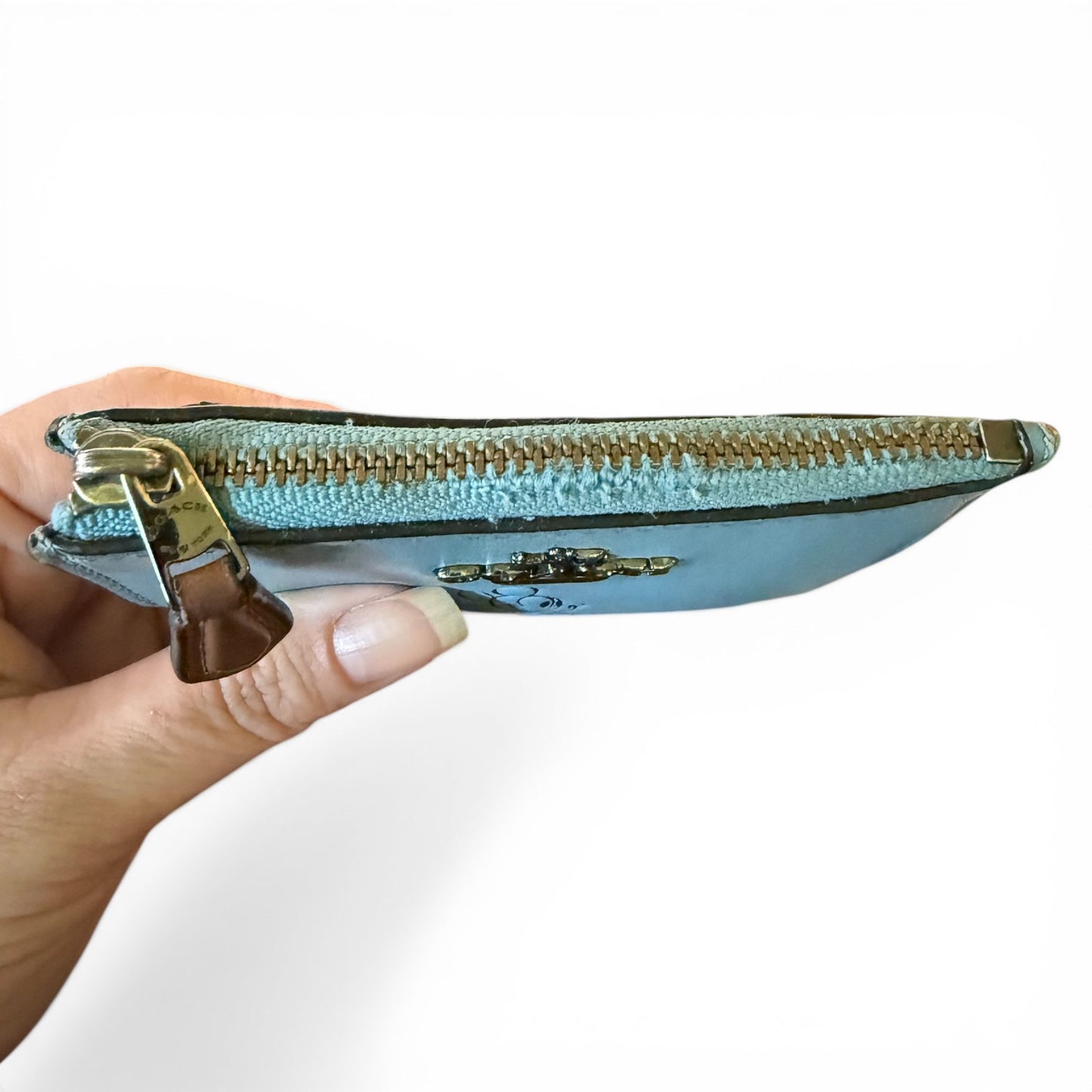 Hand holding a small blue pouch with a  zipper on a white background