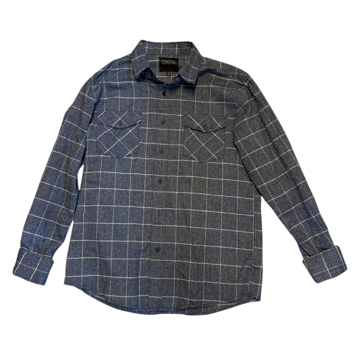 A long-sleeve button-up shirt in a gray blue and white windowpane plaid pattern, laid flat against a white background. T
