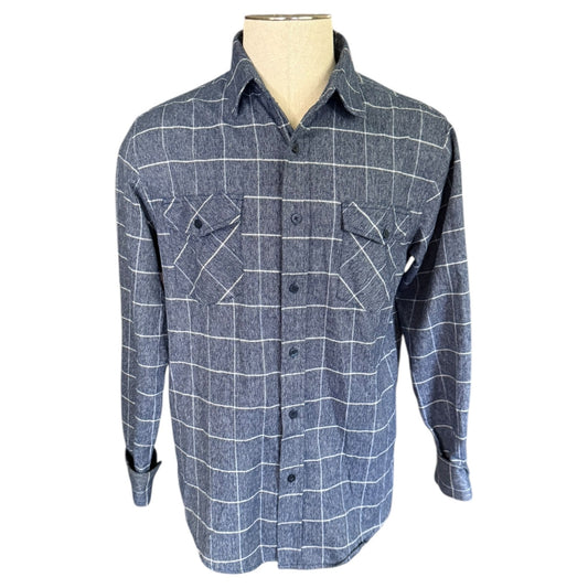 A men's long-sleeve button-up shirt in a blue fabric with a white windowpane plaid pattern, displayed on a beige  form against a white background.