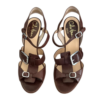 Top of brown sandals with buckles on a white background