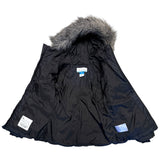 Black winter coat with fur hood interior on a white background