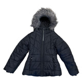 Front of Black puffer jacket with fur hood on a white background