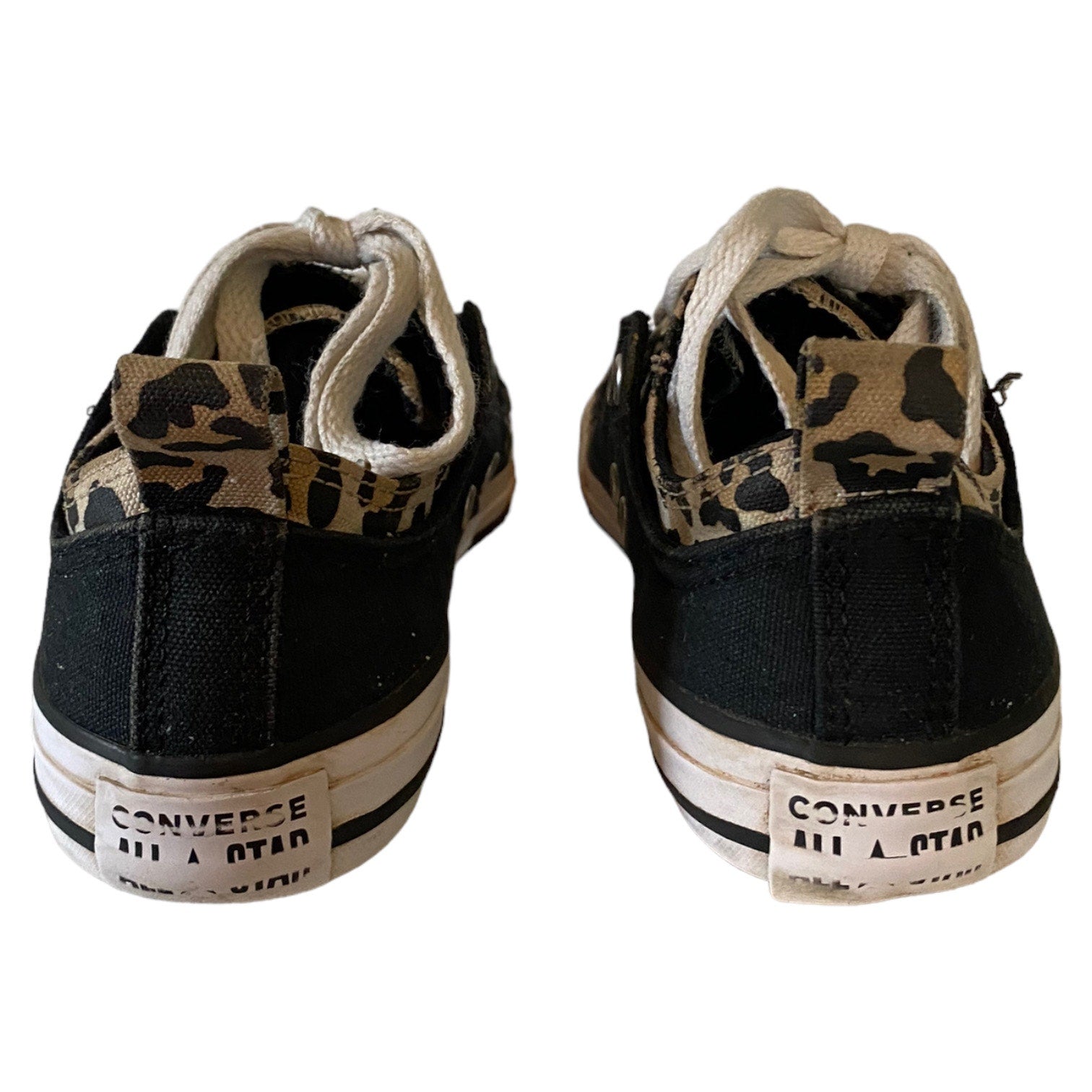Black Converse sneakers with animal pattern on a white background