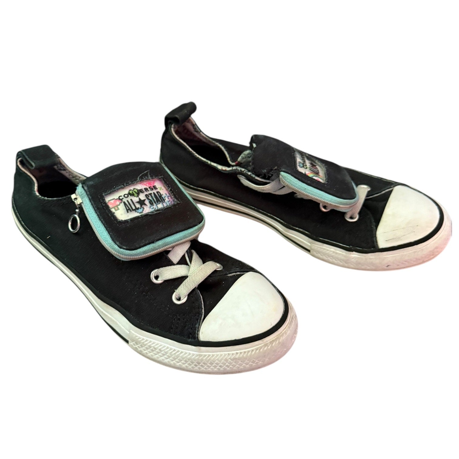 Front side of black Converse sneakers on a white back ground