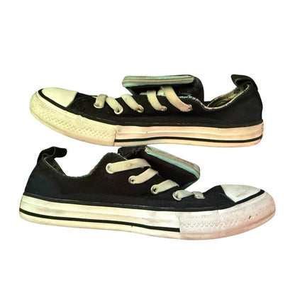 side of black Converse sneakers on a white back ground