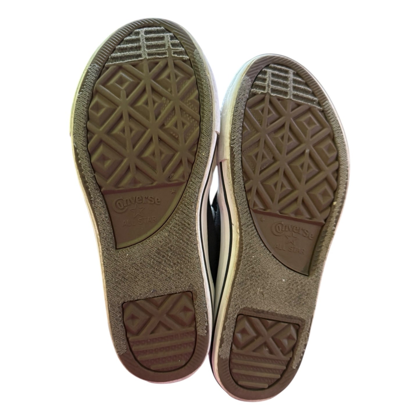 Bottom of black Converse sneakers on a white back ground