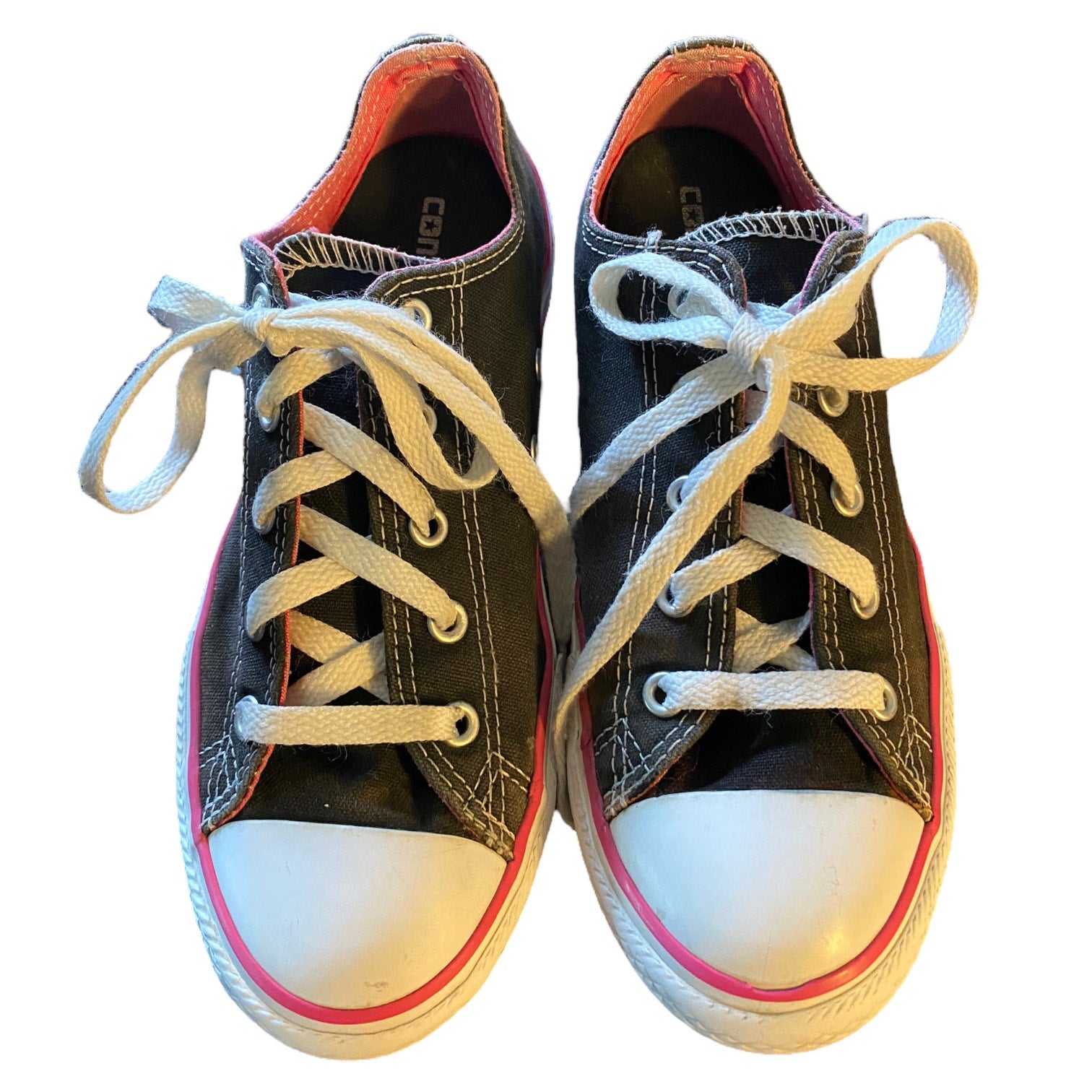 Top of a Pair of black sneakers with white soles on a white background