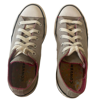 A pair of Converse low-top canvas sneakers shown from above on a white background. 