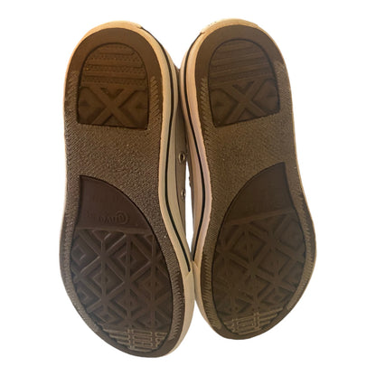 The soles of a pair of brown shoes, showing textured brown rubber tread patterns and a beige midsole edge, photographed against a solid white background.
