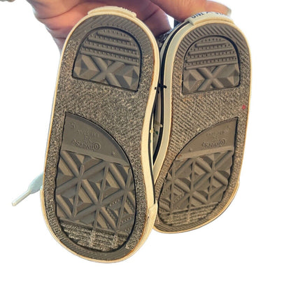 A close-up of the soles of Converse sneakers held up by a hand against a white background.