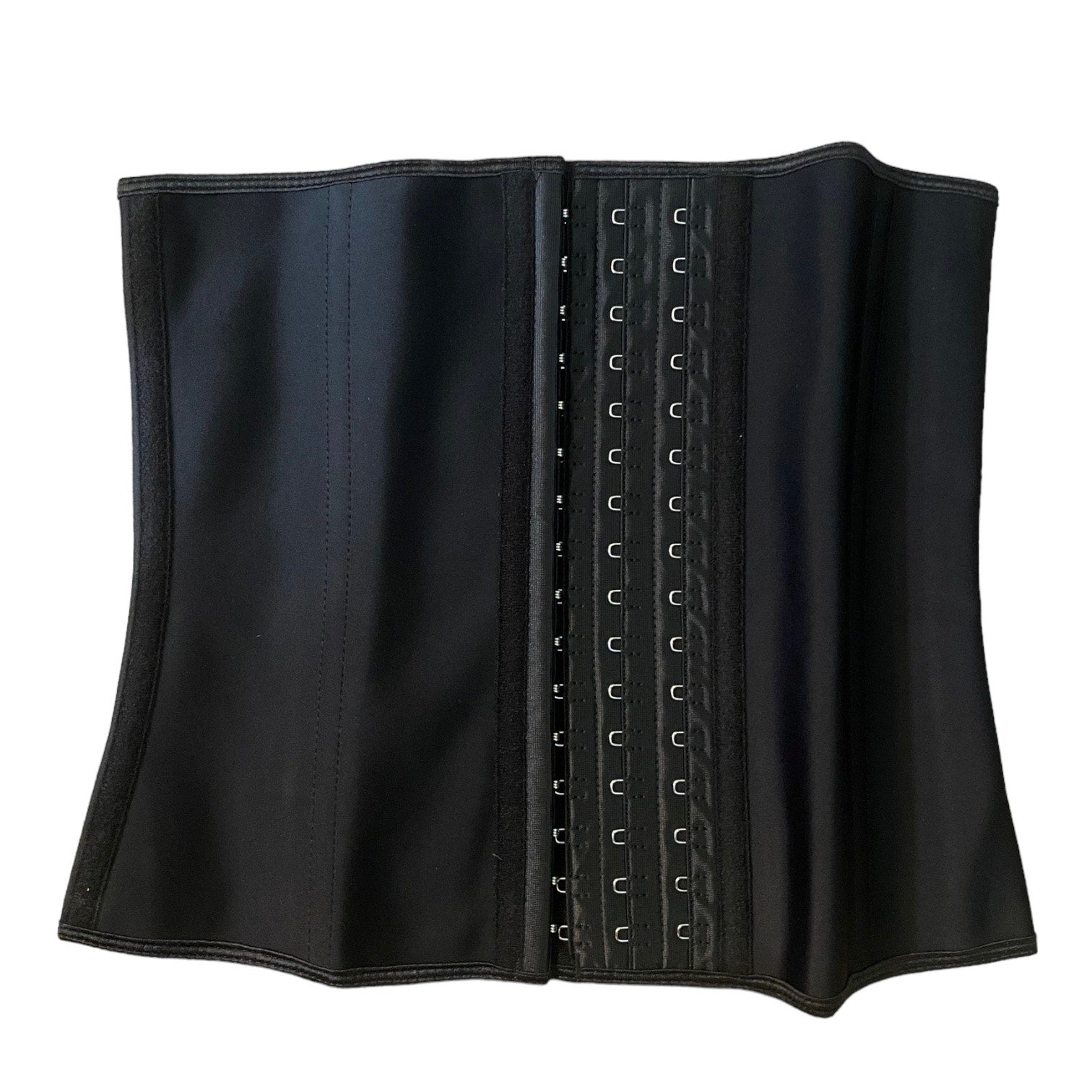 Black waist trainer with metal hooks on a white background