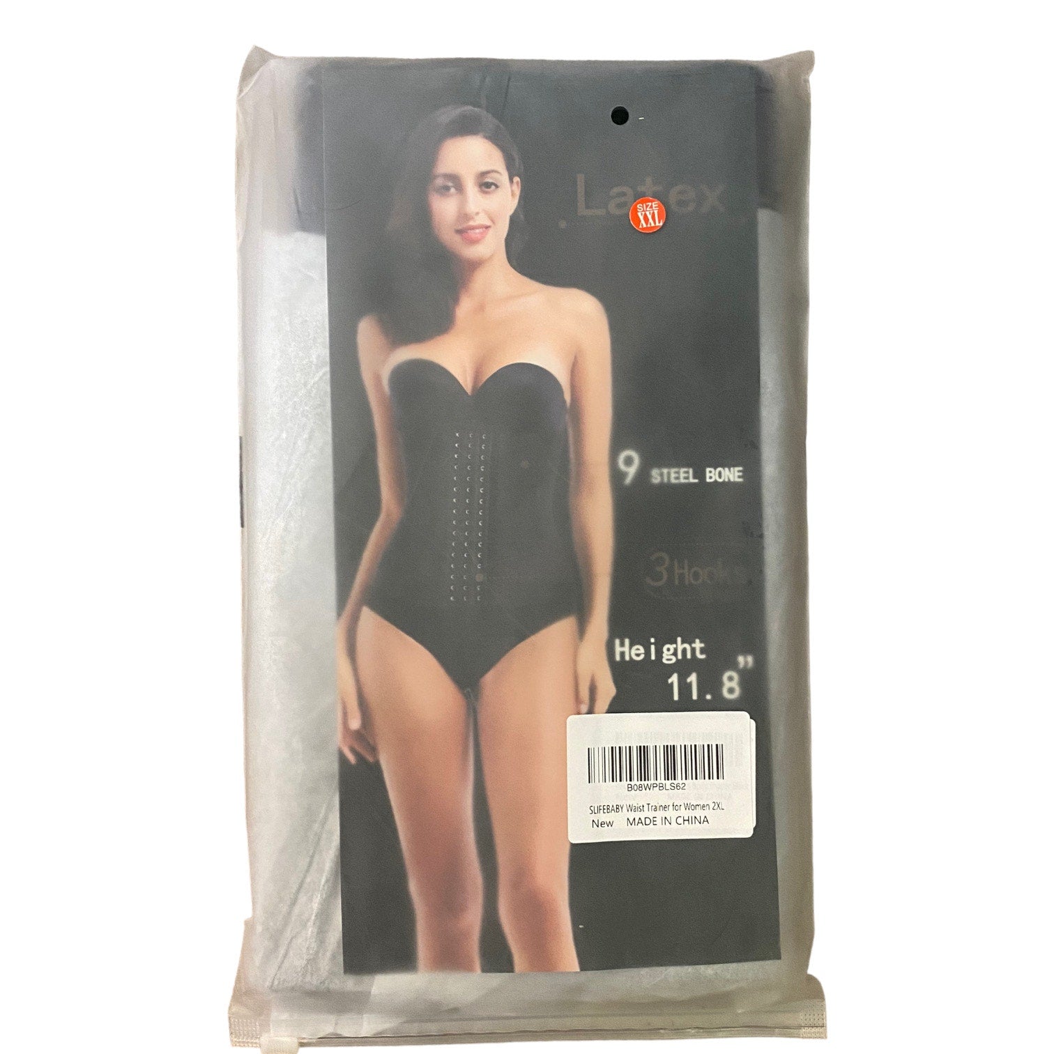 Package of a black corset with a model on the front, featuring the brand 'Latex'.