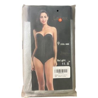 Package of a black corset with a model on the front, featuring the brand 'Latex'.
