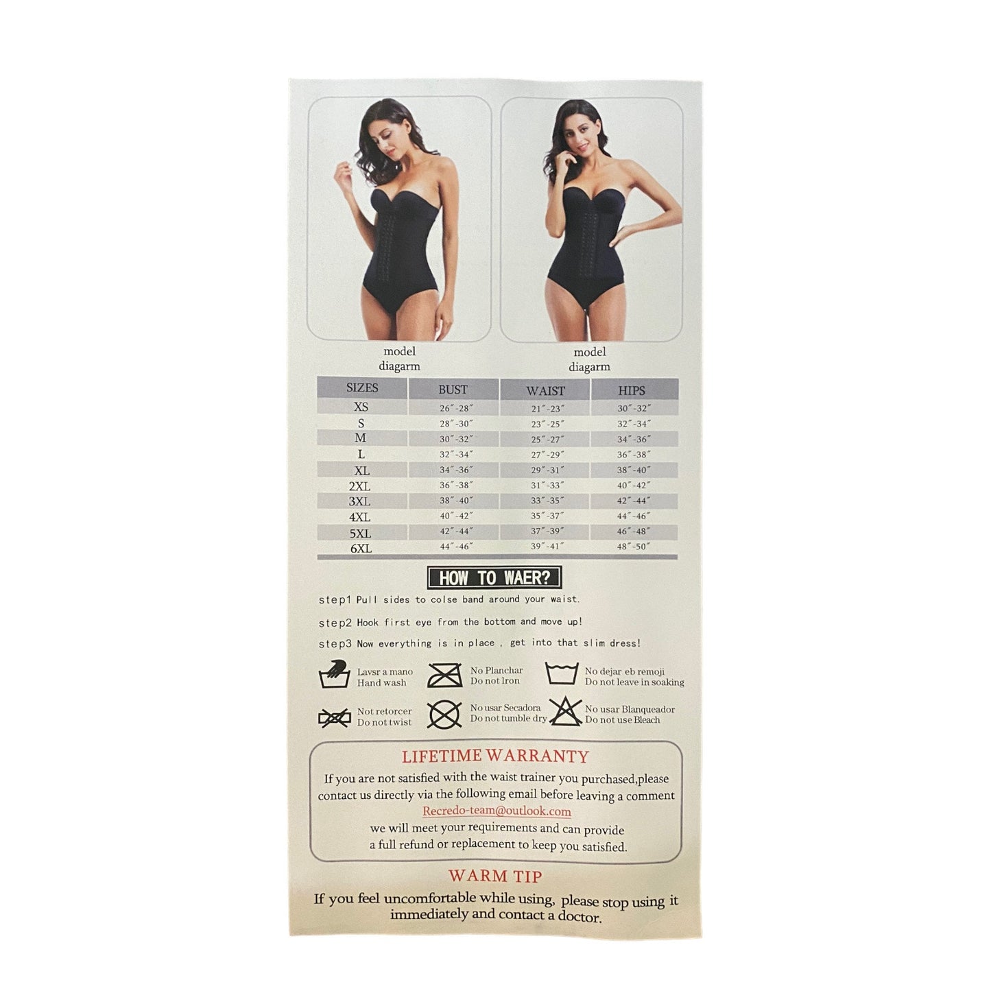 Measurement chart with model diagrams and size guide on a white background