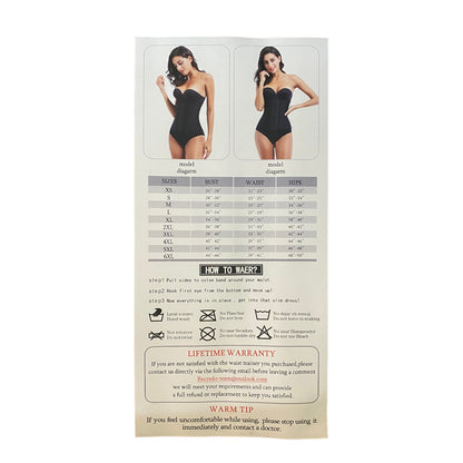 Measurement chart with model diagrams and size guide on a white background