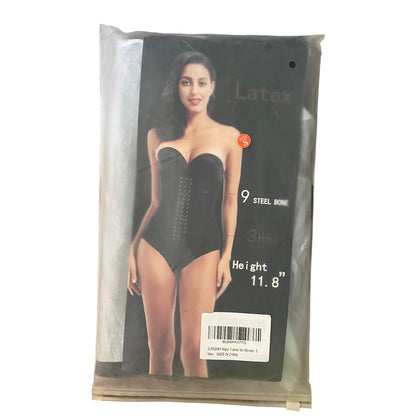 A packaged black latex corset with a model photo on the front, labeled 'Latex' and '9 Steel Bone 3 Hooks Height 11.8"', shown against a plain white background.