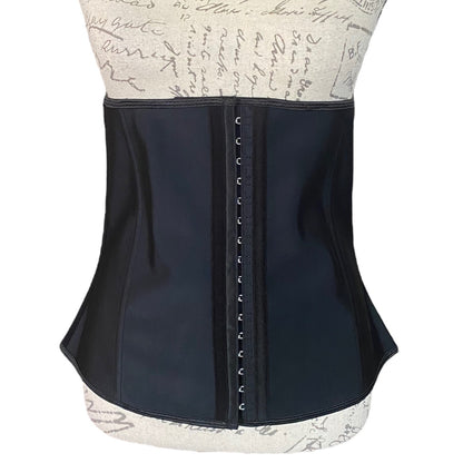 Front of Black waist trainer with a patterned top and bottom on a white background