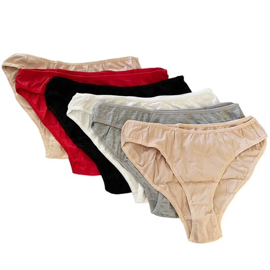 Six pairs of women's high-waisted briefs in beige, red, black, white, and gray, on a plain white background.