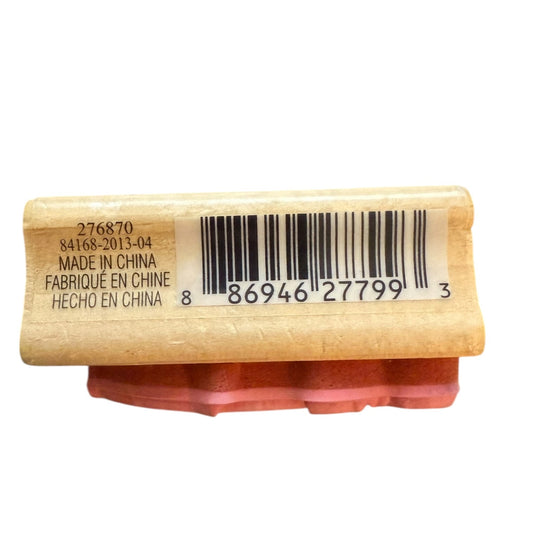 Bar code and text on a wooden product with a white background