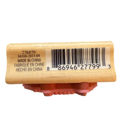 Wooden product with a barcode and text on a white background