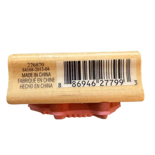 Wooden product with a barcode and text on a white background