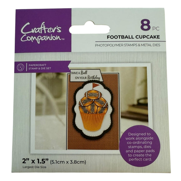Packaging of Crafters Companion football cupcake stamp and die set on a white background