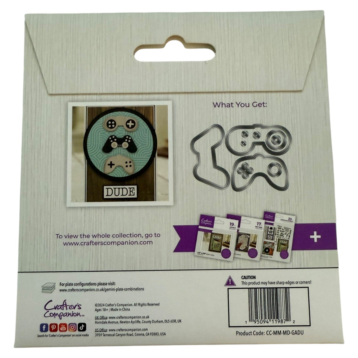 Package of crafting dies with game controller design and 'DUDE' text on a beige background.