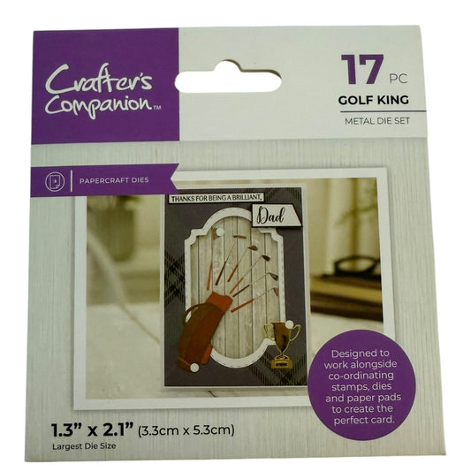 Packaging of Crafters Companion Golf King metal die set with a sample card design.
